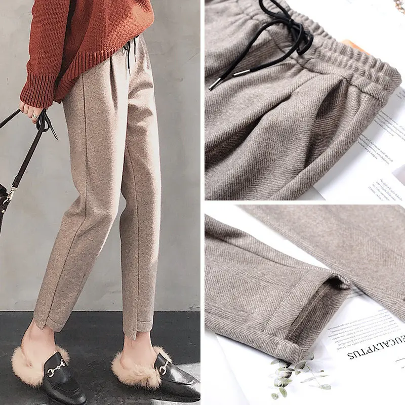 Wool Ankle Length Trousers Woolen Warm Autumn Winter Pants Women Thick Capris New Leisure Korea High Waist Harem Pencil