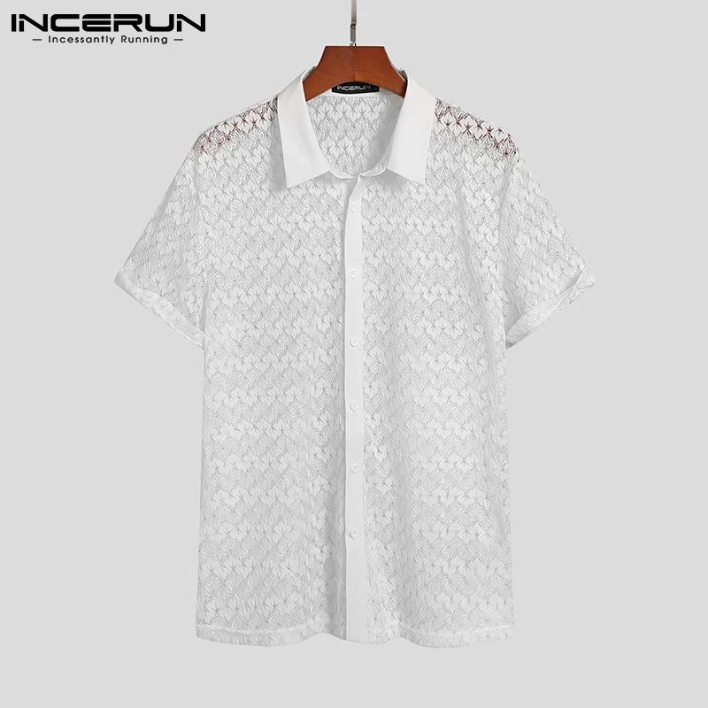 Men Mesh Shirt Lace Lapel Short Sleeve Streetwear See Through Casual Tops Sexy Party Nightclub Shirts 2022 Camisas 5XL INCERUN