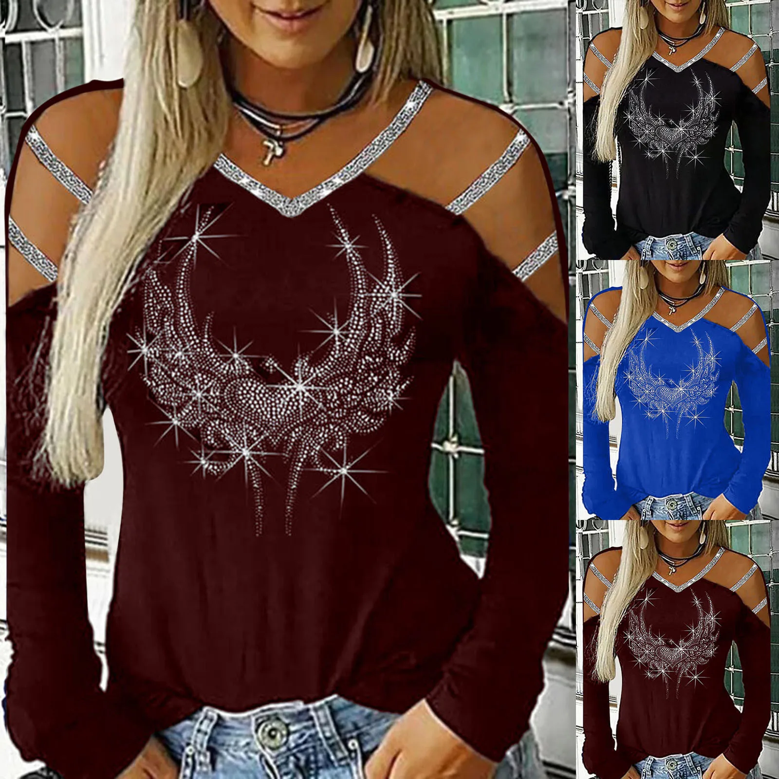 Fashion Bling Rhinestone Blouse Shirt Cold Shoulder Top Tee Casual Autumn Winter Ladies Female Women Long Sleeve Blusas Pullover