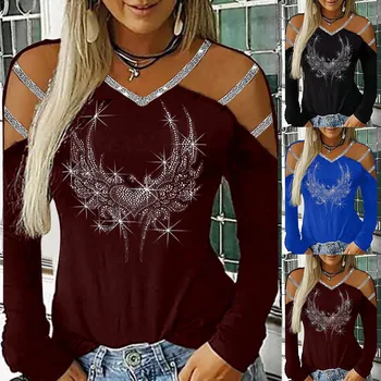 Fashion Bling Rhinestone Blouse Shirt Cold Shoulder Top Tee Casual Autumn Winter Ladies Female Women Long Sleeve Blusas Pullover 1