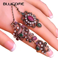 blucome new arrival adjustable turkish two finger rings for party women red resin hollow out flower vintage ring anel jewelry