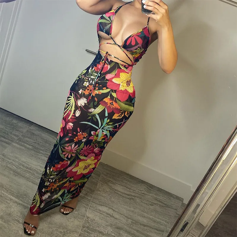 

CHRONSTYLE Print Long Dress Bandage Floral Women Sexy Hollow Out V-neck Backless Sleeveless Clubwear Party Female Dress Outfits