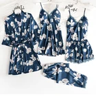 Пижама JULY'S SONG Женская атласная шелковая, 5 шт., одежда для сна с принтом, костюм для сна на бретелях, ночная сорочка, на весну-лето