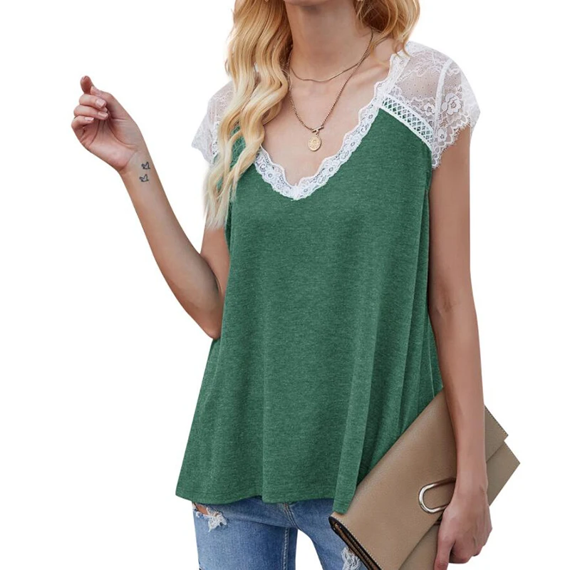 

Summer Lace Short Sleeve Loose T-shirt V Neck Fashion Elegant Office Lady Tops Women Clothing
