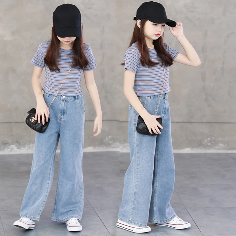

Kids Tracksuit Girls Costume Children's Clothing Summer Striped T Shirt Wide Leg Jeans Kids Casual Suits for Girls Clothes Set