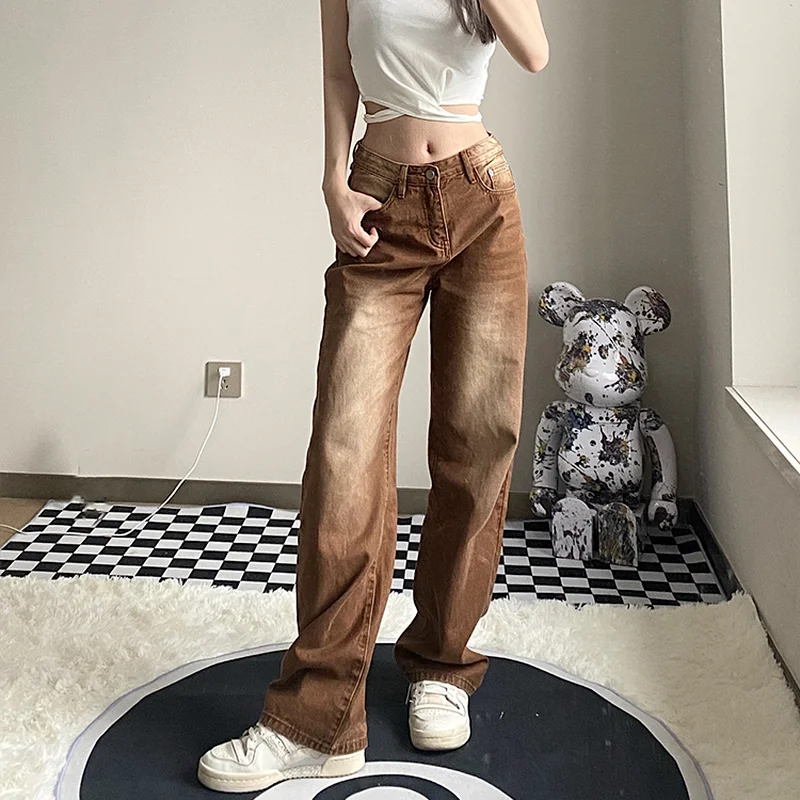 Straight Jeans Women Bleached Washed Denim Brown Hipster Oversize S-4XL All-match Schoolgirls Boyfriend Street Korean Fashion | Женская