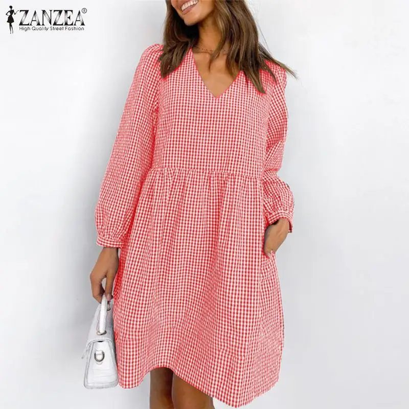 

Holiday Plaid Vestidos Dress ZANZEA Elegant Checked Printed Sundress Kaftan Women Casual Long Latern Sleeve V Neck Robe Femme