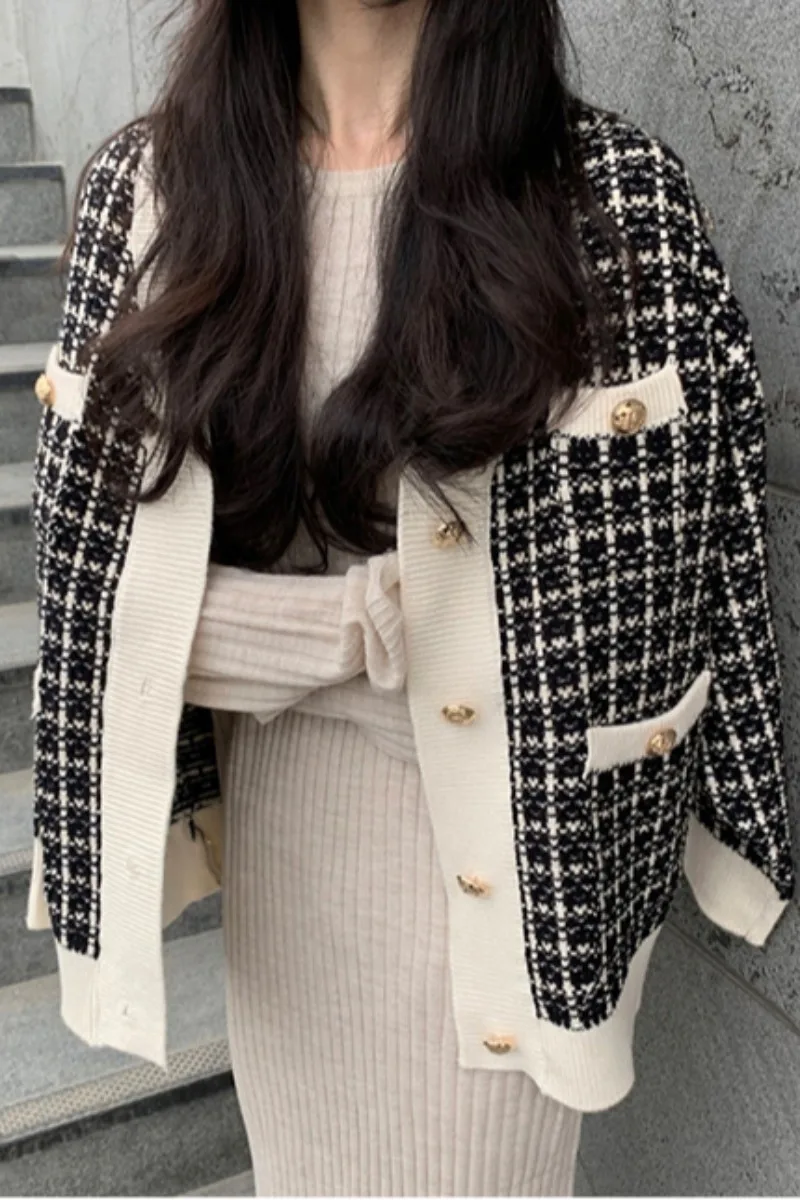 

Women 2020 Autumn Plaid Sweater Single-breasted Patchwork V-Neck Cardigans Casual Loose Long Sleeve Knitted Chic Coat