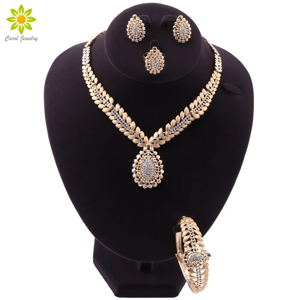 

Новое поступление, комплект ювелирных изделий Дубая золотого цвета для женщин, ожерелье, серьги, браслет, кольцо, африканские аксессуары дл...