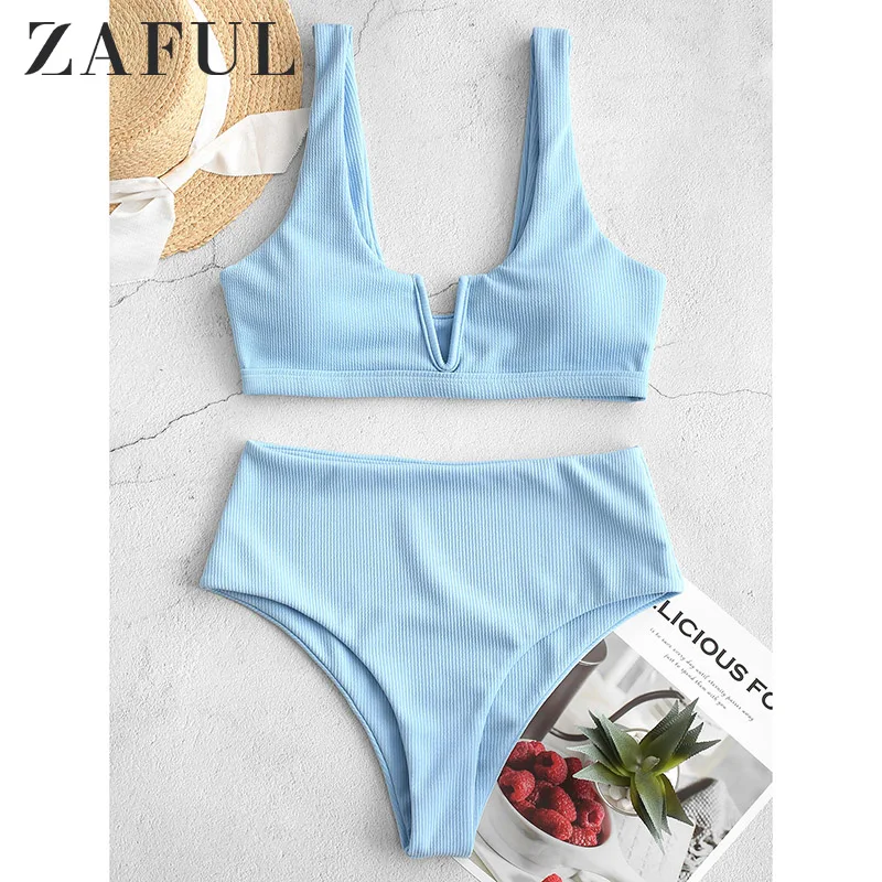 

Zaful Ribbed V Cut High Rise Bikini Set Swimwear Women Swimsuit Special Fabric High waisted Solid Color 2020 New Fashion