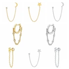 Женские серьги-гвоздики с Луной и звездой, украшенные кристаллами, цирконами, цепочка, золотые для ушей