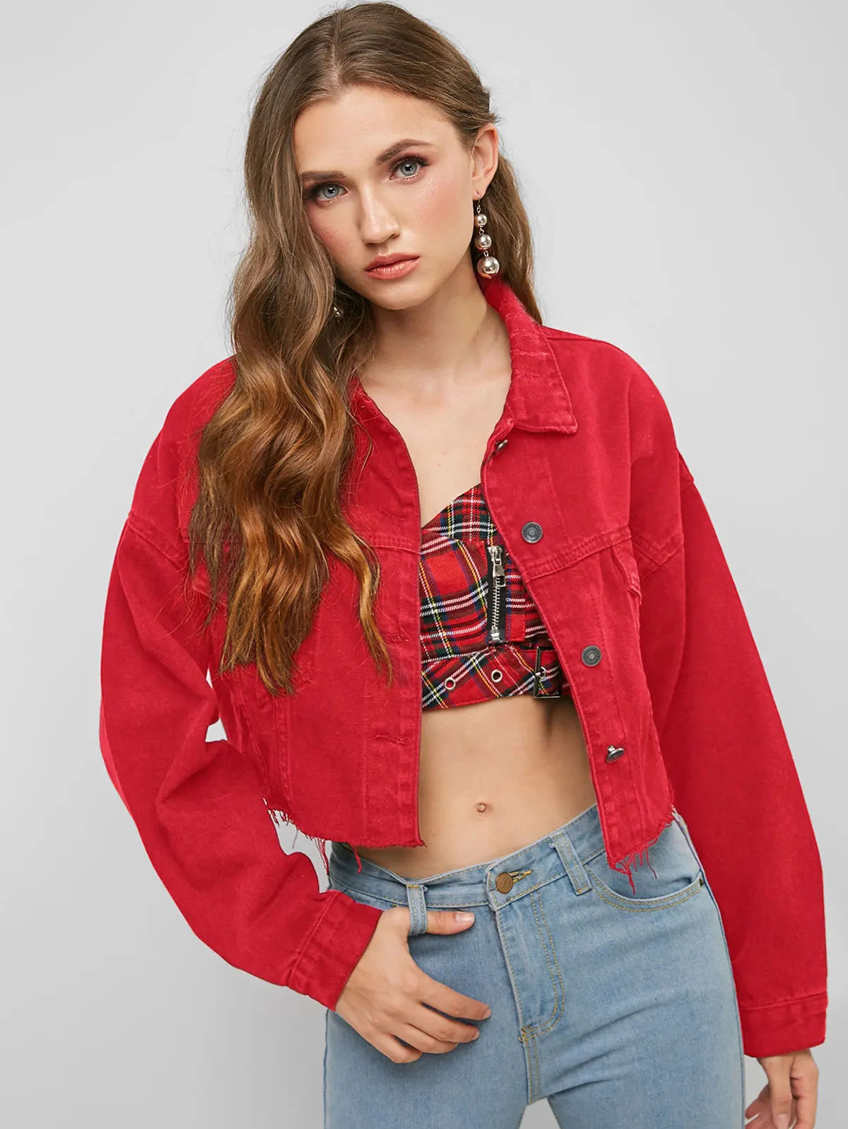 ZAFUL новинка осенняя джинсовая куртка с длинным рукавом заниженным плечом рваная