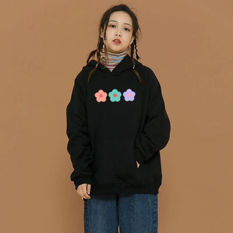 

Casual Oversized Pullover Korean Version of Warm Kawaii Ladies Loose Streetwear Pullove Hoodie Ladies Hooded Simple Flowers Wild