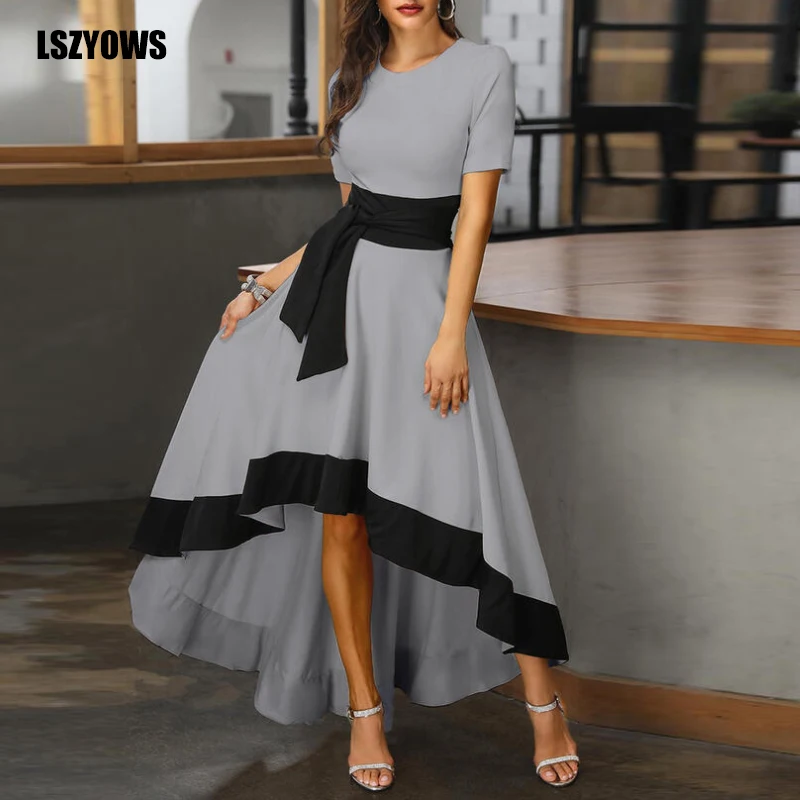 

Women Summer Dresses Short Sleeve O-Neck Patchwork Elegant Long Party Dress High Waist Bandage Asymmetrical Maxi Dress Vestidos