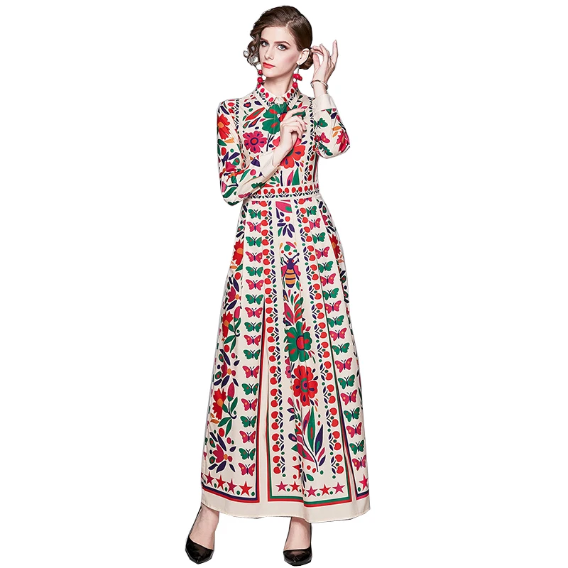 

New Summer Runway Designer Beach Shirt Dress Floral Print Fashion Woman Robe Long Sleeve Elegant Party Casual Pleated Maxi Dress