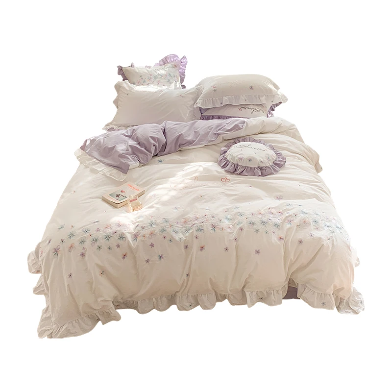 

CX Fresh All Cotton Washed Cotton Four-Piece Quilt Cover Soft Flounce Pastoral Style 1.8M Pure Cotton Bedding