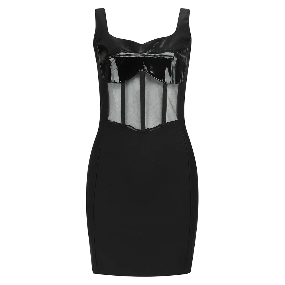 

Sale New Women Sexy Lace Mesh Designer Leather Black Bandage Dress 2020 Ladies Elegant Celebrity Bodycon Party Dress Vestido
