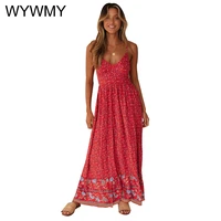 wywmy women long maxi dress 2021 new fashion spaghetti strap floral print beach dress v neck ruffles party dress vestidos femme