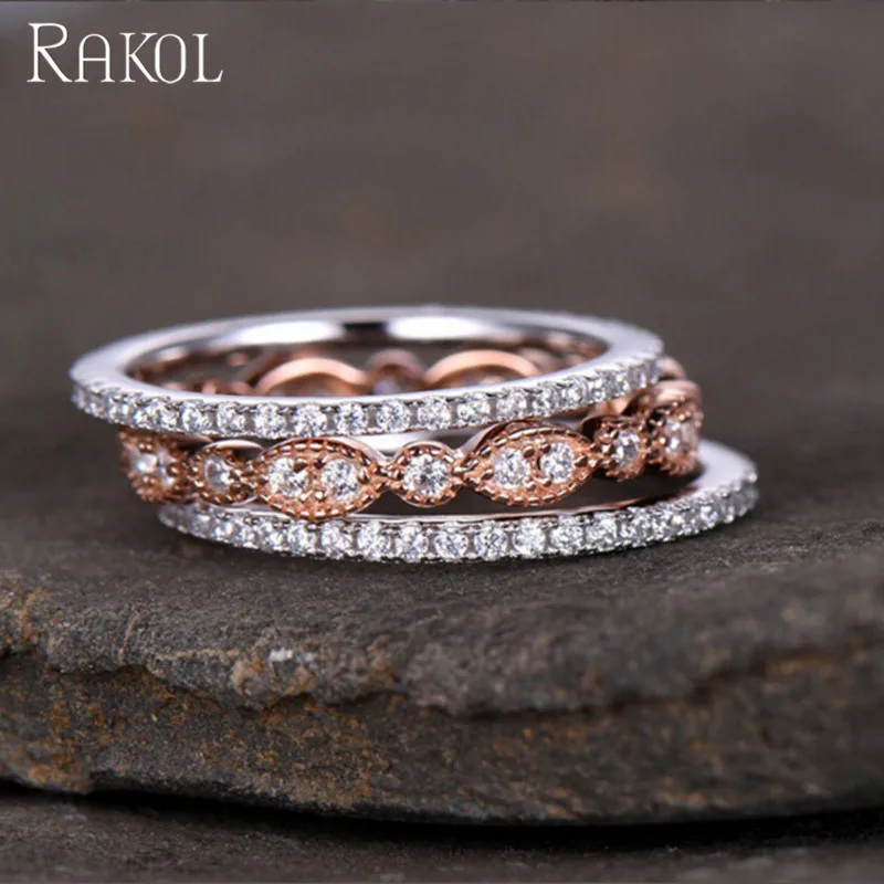 Женский набор колец RAKOL из 3 предметов с циркониевым кристаллом полностью