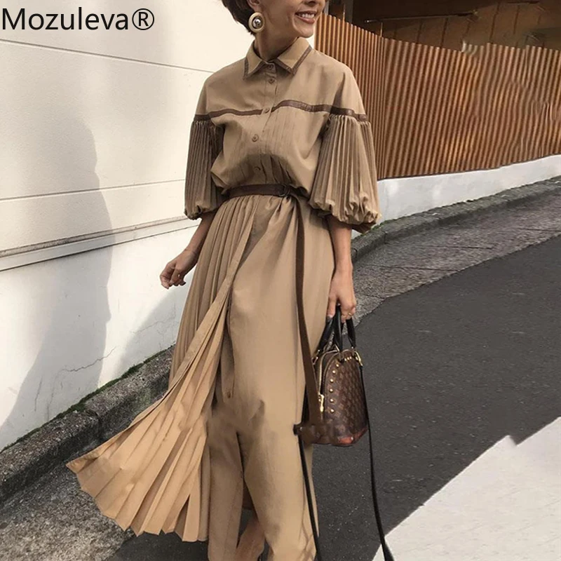 Винтажное Плиссированное женское платье Mozuleva с рукавами-фонариками на шнуровке