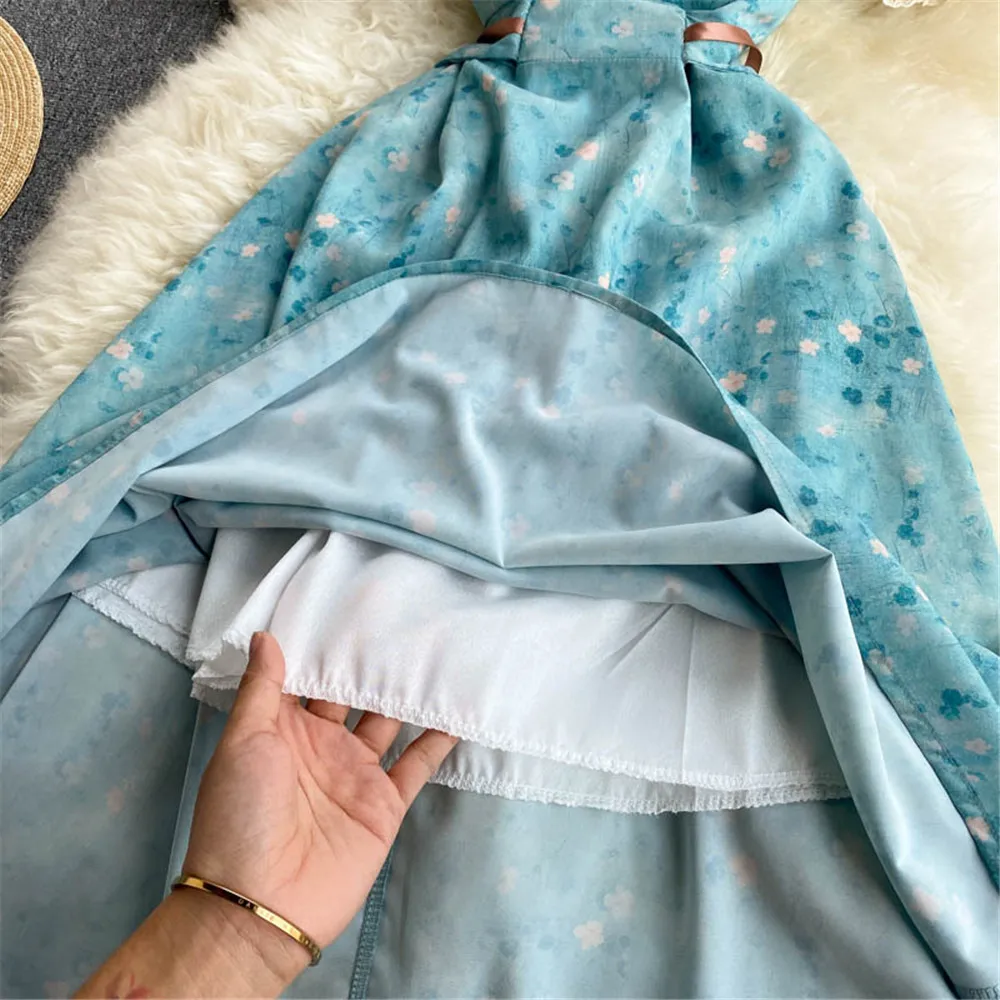 

Women Sweet Blue Summer Dress 2021 V Neck Puff Sleeve High Waist Bandage Dresses French Robe Vestidos Female Clothing Atopos