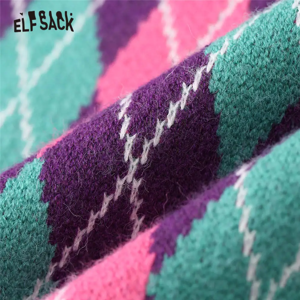 ELFSACK Green Argyle Print New Year Preppy Knit Pullover Women Sweaters 2020 Spring Long Sleeve Korean Casual Ladies Daily Top | Женская