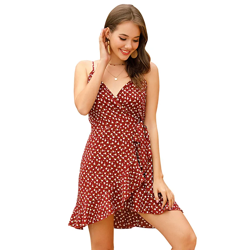 

Women Dresses Summer 2020 Sexy V Neck Floral Print Boho Beach Dress Ruffle Sling A Line Mini Dress Wrap Sundress Robe