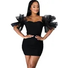 Драпированные Мини платья для женщин без бретелек Из Сетчатой Ткани в стиле пэчворк с короткими рукавами летнее платье Подчеркивающее фигуру модные однотонные Цвет сексуальное Клубное платье 2021 элегантные