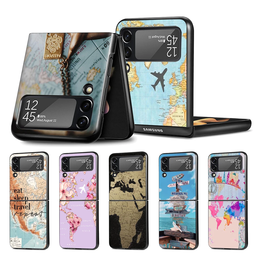 

Cell Phone Case for Samsung Galaxy Z Flip3 5G Flip4 Black Coque Z Flip 3 Hard PC Luxury Cover Zflip3 Funda Capa World Map Travel