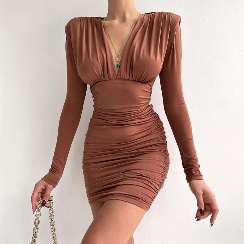 

Женское Плиссированное облегающее платье, Осеннее Элегантное повседневное однотонное привлекательное облегающее платье с V-образным выре...