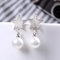 europe and america style popular cubic zircon five pointed star stud earring pearl eardrop for women minimalist jewelry
