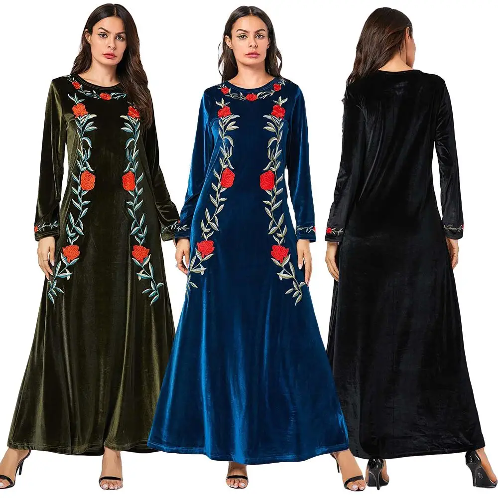 Мусульманское Женское Платье макси с вышивкой абайя повседневное бархатное