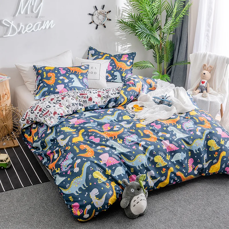 

Cute Dinosaur Student Bedding Set Cartoon Kids Duvet Cover Sets American Style Cartoon Dinosaur Bed Linen Sets Single Bedclothes