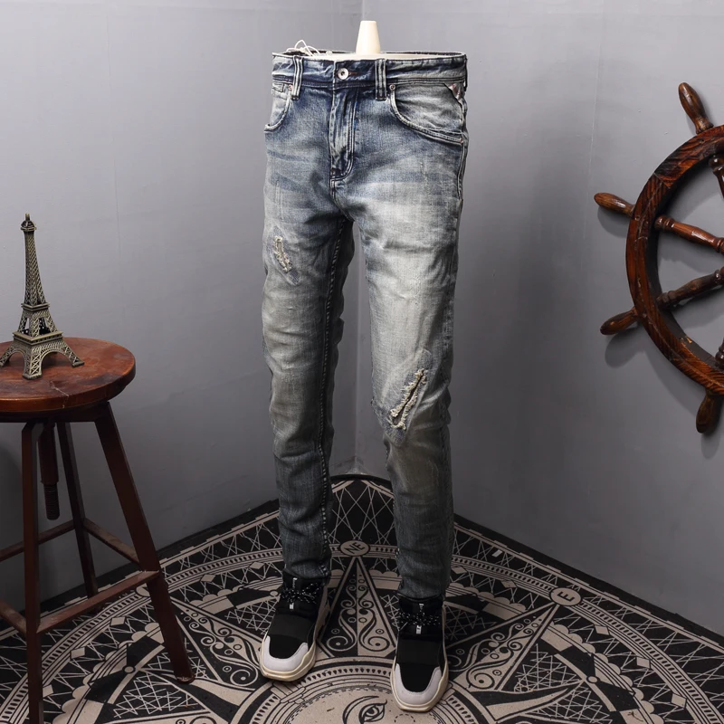 Итальянский стиль модные мужские джинсы Ретро синие потертые рваные эластичные