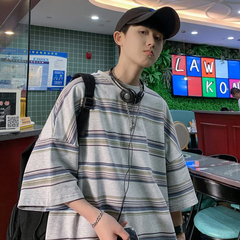 Футболка мужская с коротким рукавом свободная брендовая тенниска в полоску