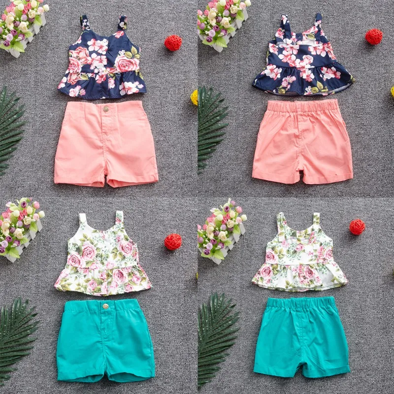 

Summer Children Baby Girls Casual Sleeveless Sling Floral Tops+Solid Color Shorts Kids Girl Outfits Set Clothes
