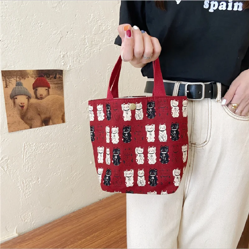 

Women Lunch Bag Lucky Cat Portable Handbags Female Retro Contrast Color Food Bag Female Simple Canvas Tote Bags Сумка Женская