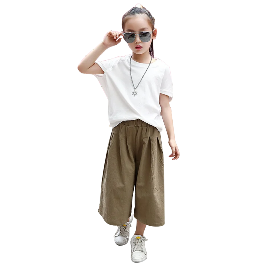 Костюм для девочек Однотонная футболка + штаны Повседневная стильная детская