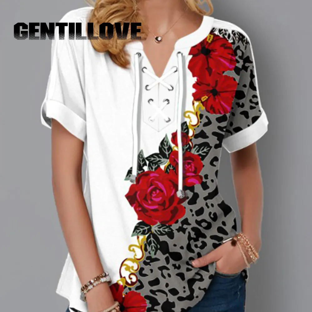 

Printing Oversized Women T-Shirts Short Sleeve Flower Lace Up Bandage V-Neck Summer Tee Loose Casual Basic Female Office Lady