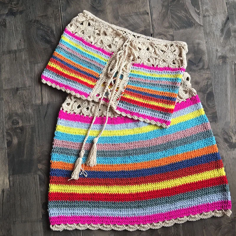 

New Crochet Handmade Sexy BOHO Two Piece Sets Women Cover Up Bandage Striped Outfits Summer Tube Top And Skirt Beachwear 2020
