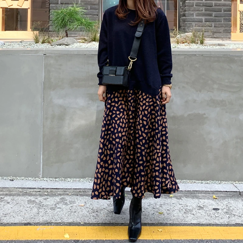 

2021 Autumn Women Plus Size XL-5XL Ladies Long Sleeve T-Shirt Dress Patchwork Print Robe Fake Two Piece Dress