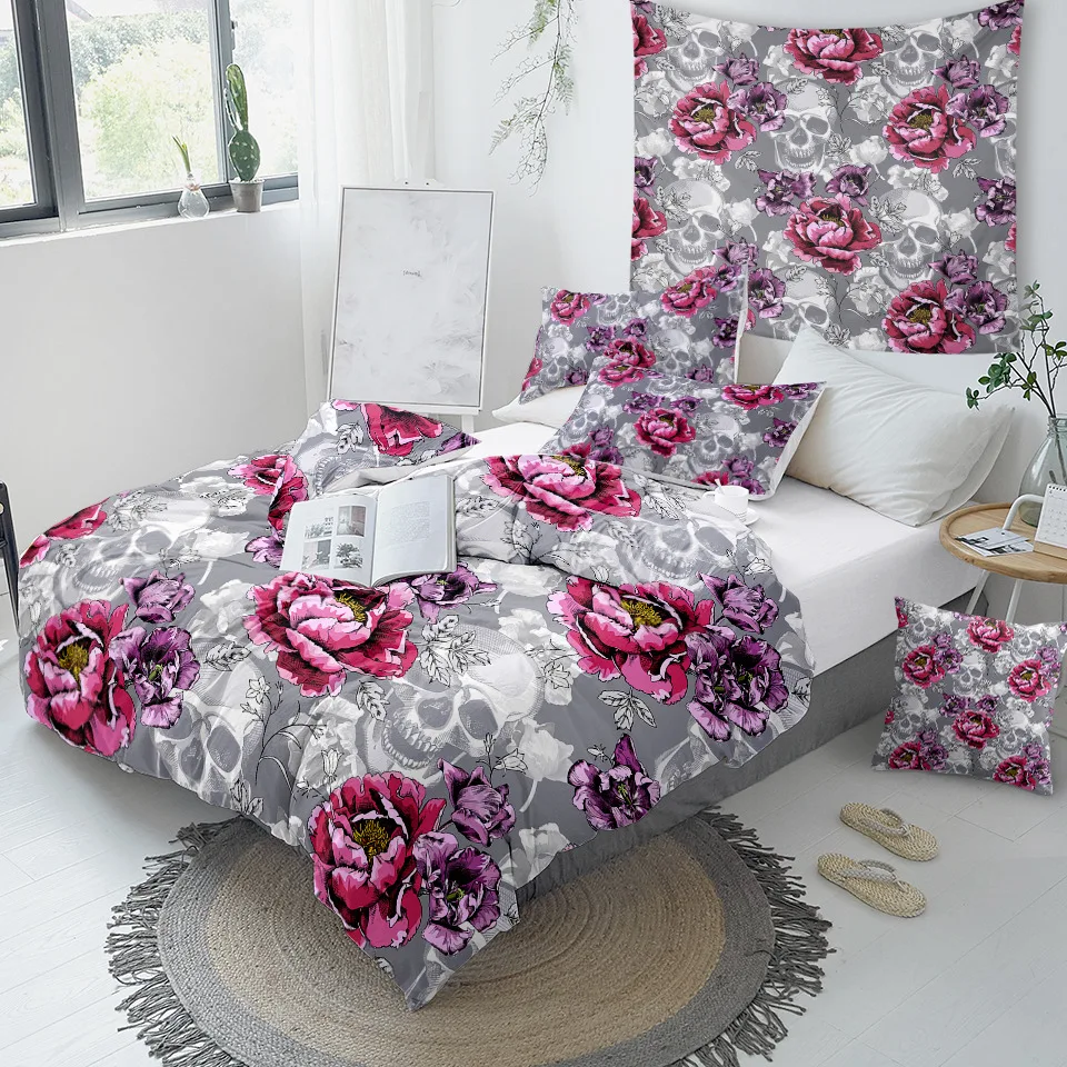 BeddingOutlet покрывало с изображением сахарного черепа, Комплект постельного белья с цветочным рисунком, постельное белье с розовым цветком пиона, готическое серое покрывало King, комплект из 3 предметов