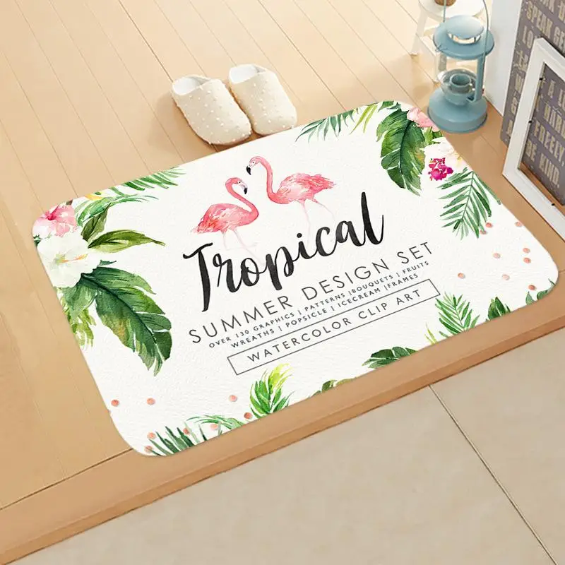 Дверной коврик в стиле Ins с рисунком фламинго зеленых растений для гостиной