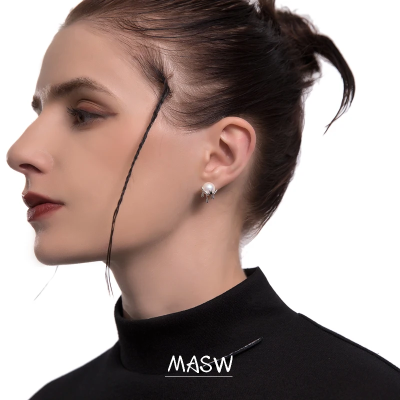 

MASW Original Design Geometric Stud Earrings Cool Style Irregular Metal Silvey Plating With Pearl Women Earrings Jewelry Gifts
