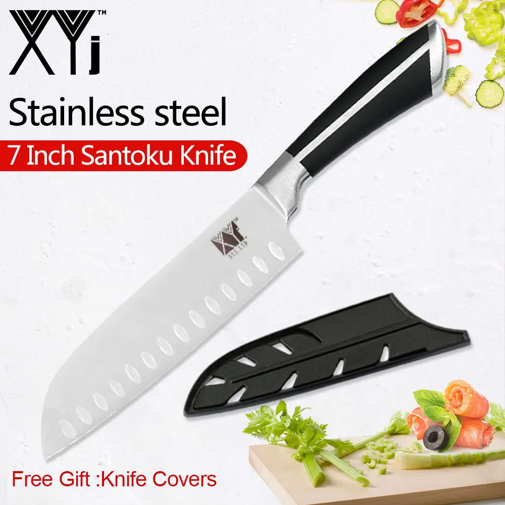 7 inch Santoku Knife XYj 3Cr14 Нержавеющая сталь набор кухонных ножей шеф-повара Ножи для мясо рыба овощи фрукты pom ручка с бесплатным подарком Ножи чехлы - Цвет: 7 inch Santoku Knife