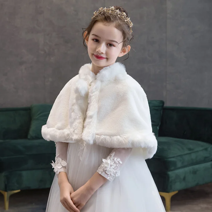 

For 2 4 8 10 12 Yrs Girls Warm Ivory Bolero Winter Princess Jacket Children Soft Faux Fur Wraps Shawls For Wedding Accessories