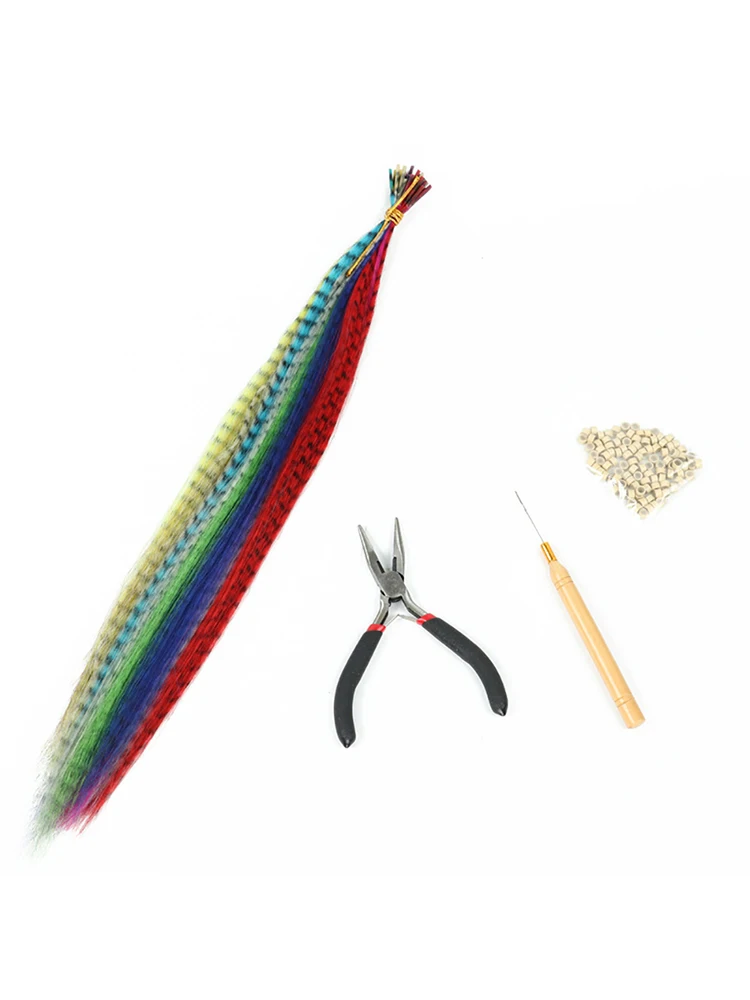 

35PCS Synthetic Feathers Feather Hair Extension Kit +100 Beads+One Plier+1 Hook Feather Reciprocations DIY Hair Extensions Tools