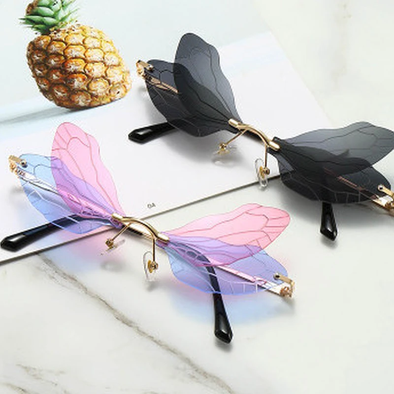 

new trendy Colored butterfly dragonfly wings sunglasses for women 2020 luxury brand polygon frameless sun glasses ocean shades