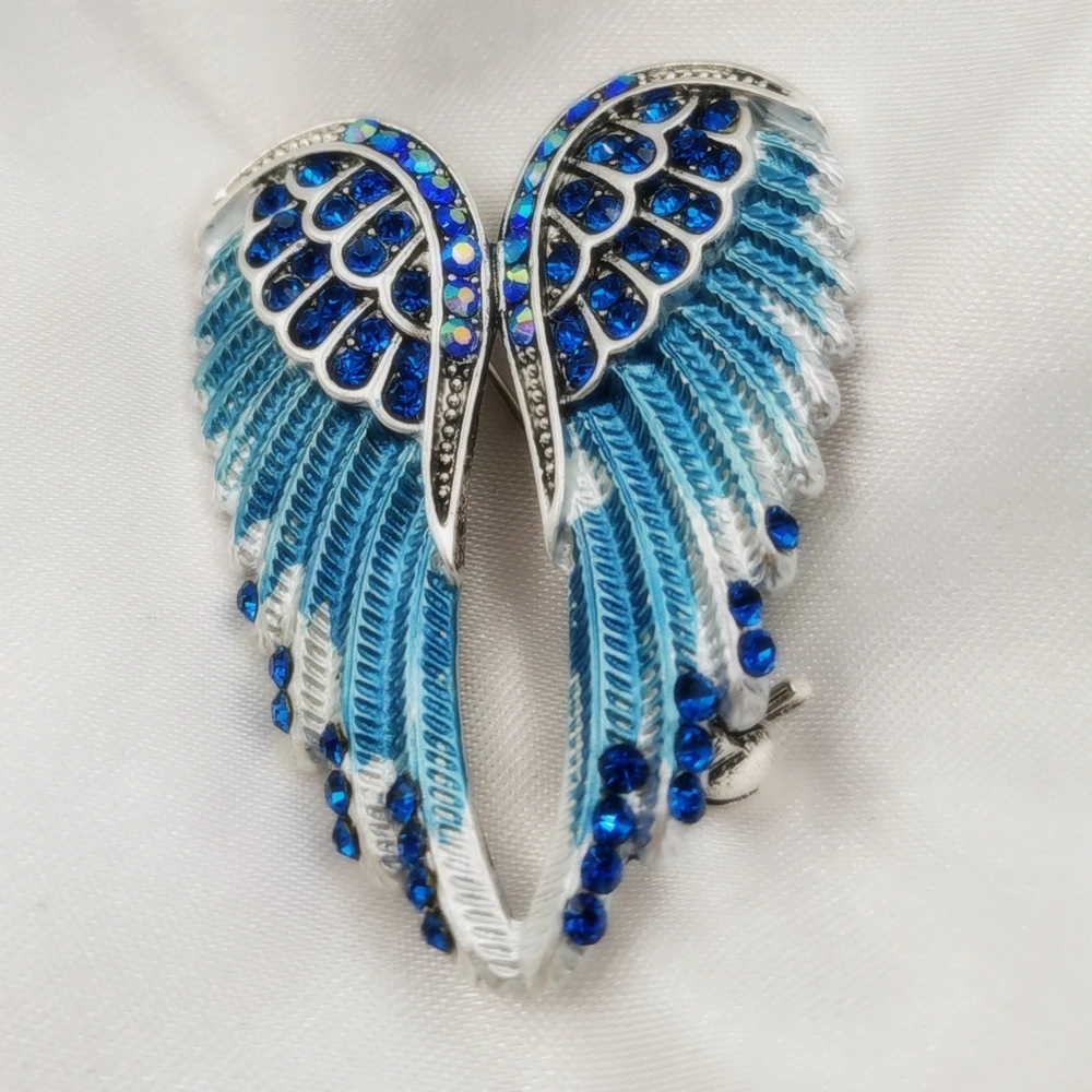 Gothic Vintage AB Crystal Accent Enameled Metallic Blue Angle Wing Brooches Pins Art Nouveau Women Coat Gift Wrap Jewelry | Украшения и