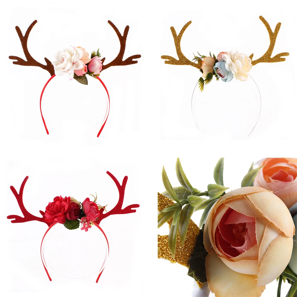 2020 Новогодняя красная Золотая Рождественская повязка на голову с рогами и белыми